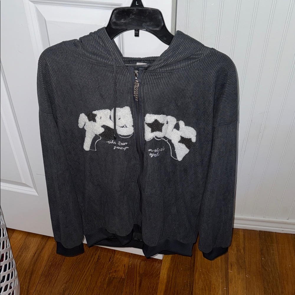 Gray Hooded Zip-Up Jacket with White Graphic